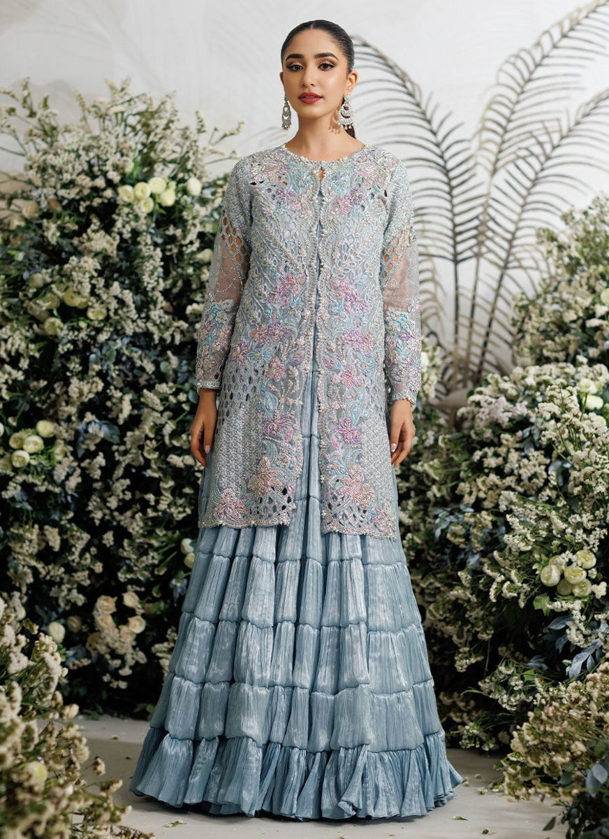 Ice Blue Floral Resham Embroidered Net Gown