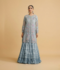 Ice Blue Floral Resham Embroidered Net Gown