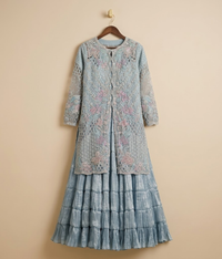 Ice Blue Floral Resham Embroidered Net Gown