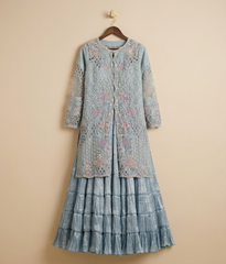 Ice Blue Floral Resham Embroidered Net Gown