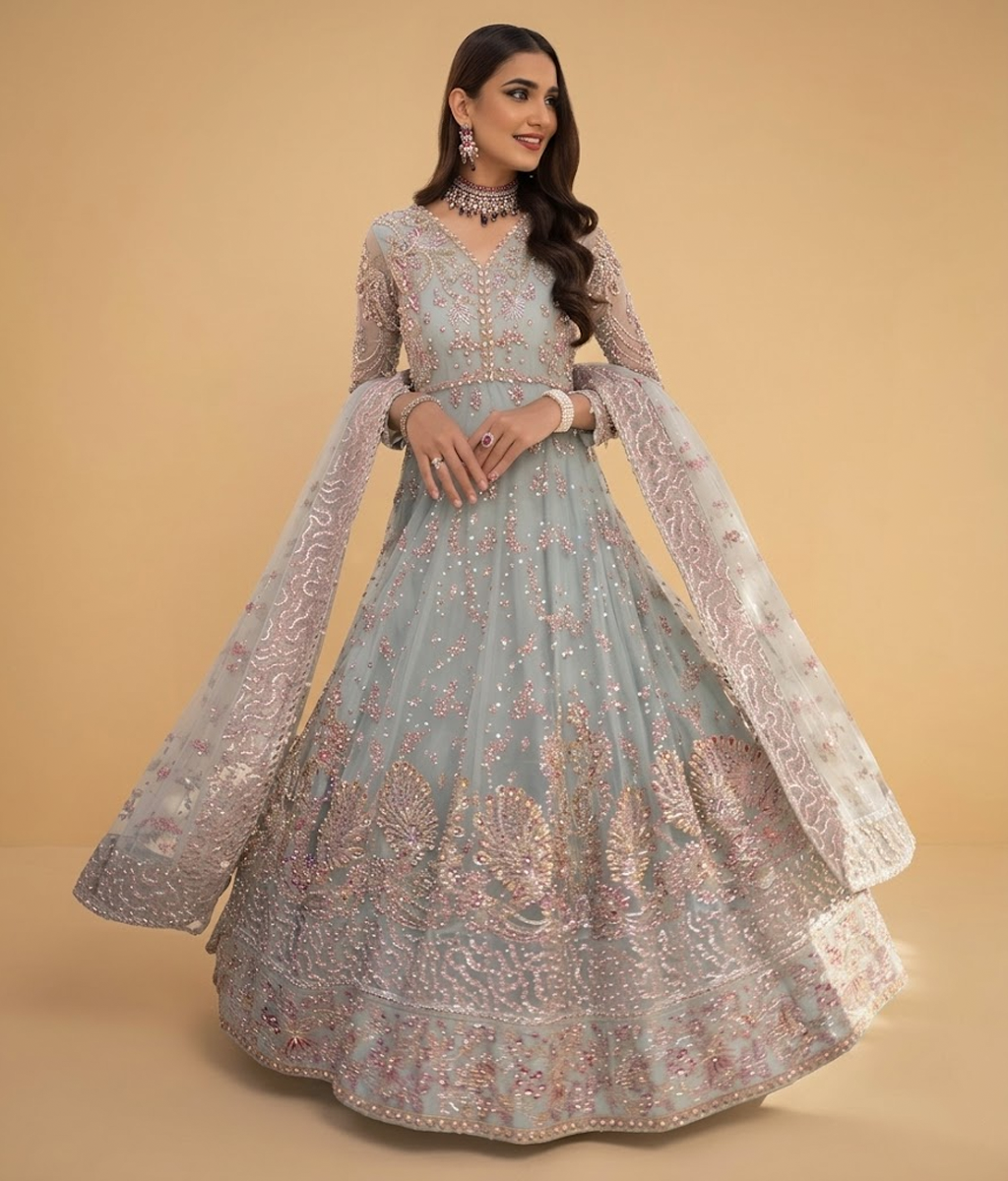 Ice Blue Resham Work Maxi