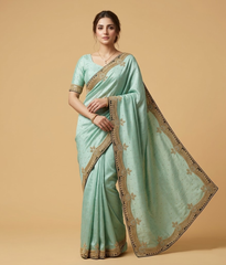 Ice Blue Zardozi Tissue Silk Saree