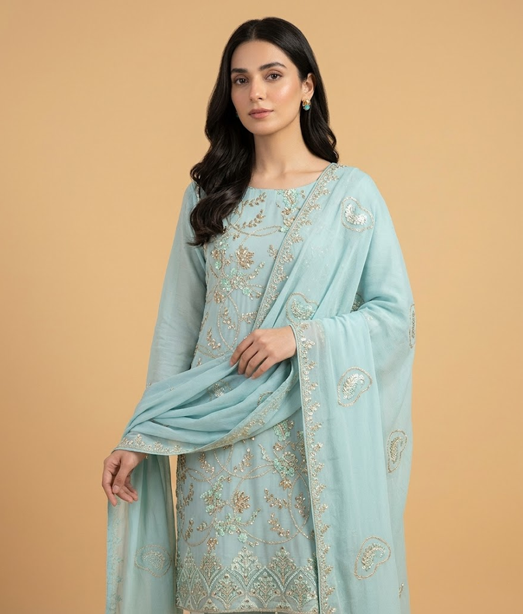 Ice blue Embroidered Mesh Chiffon 2 Piece