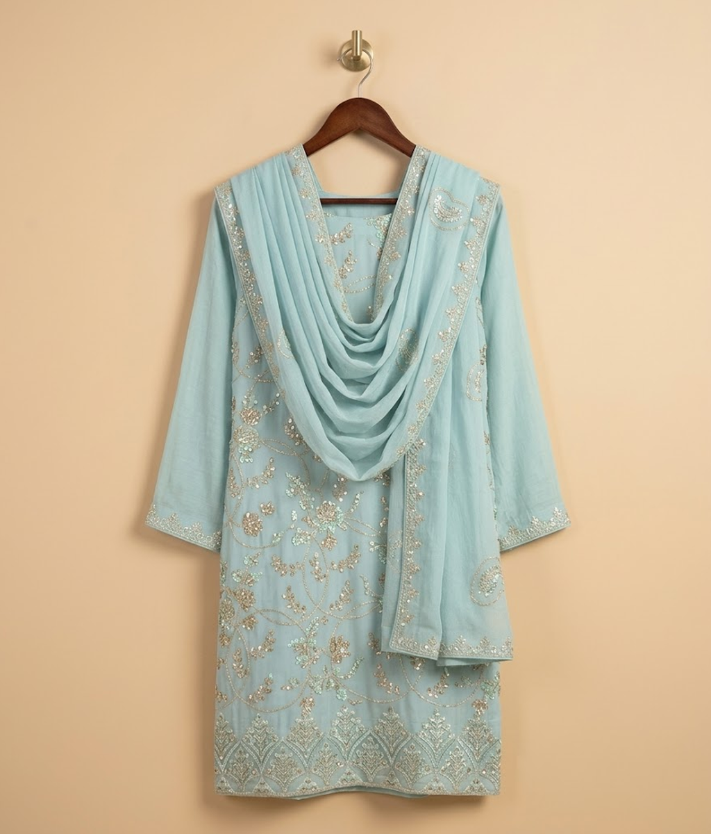 Ice blue Embroidered Mesh Chiffon 2 Piece