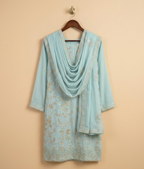 Ice blue Embroidered Mesh Chiffon 2 Piece