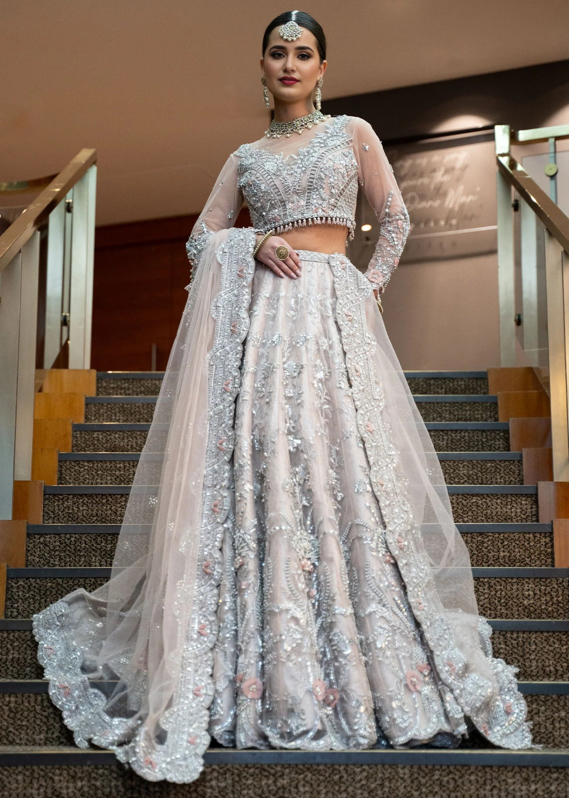 Icy Blue Crystal & 3D Floral Hand-Worked Lehnga