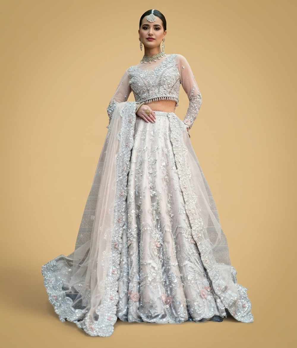Icy Blue Crystal & 3D Floral Hand-Worked Lehnga