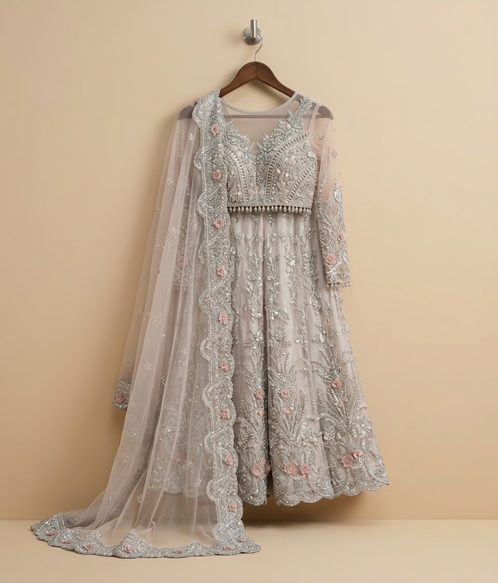 Icy Blue Crystal & 3D Floral Hand-Worked Lehnga