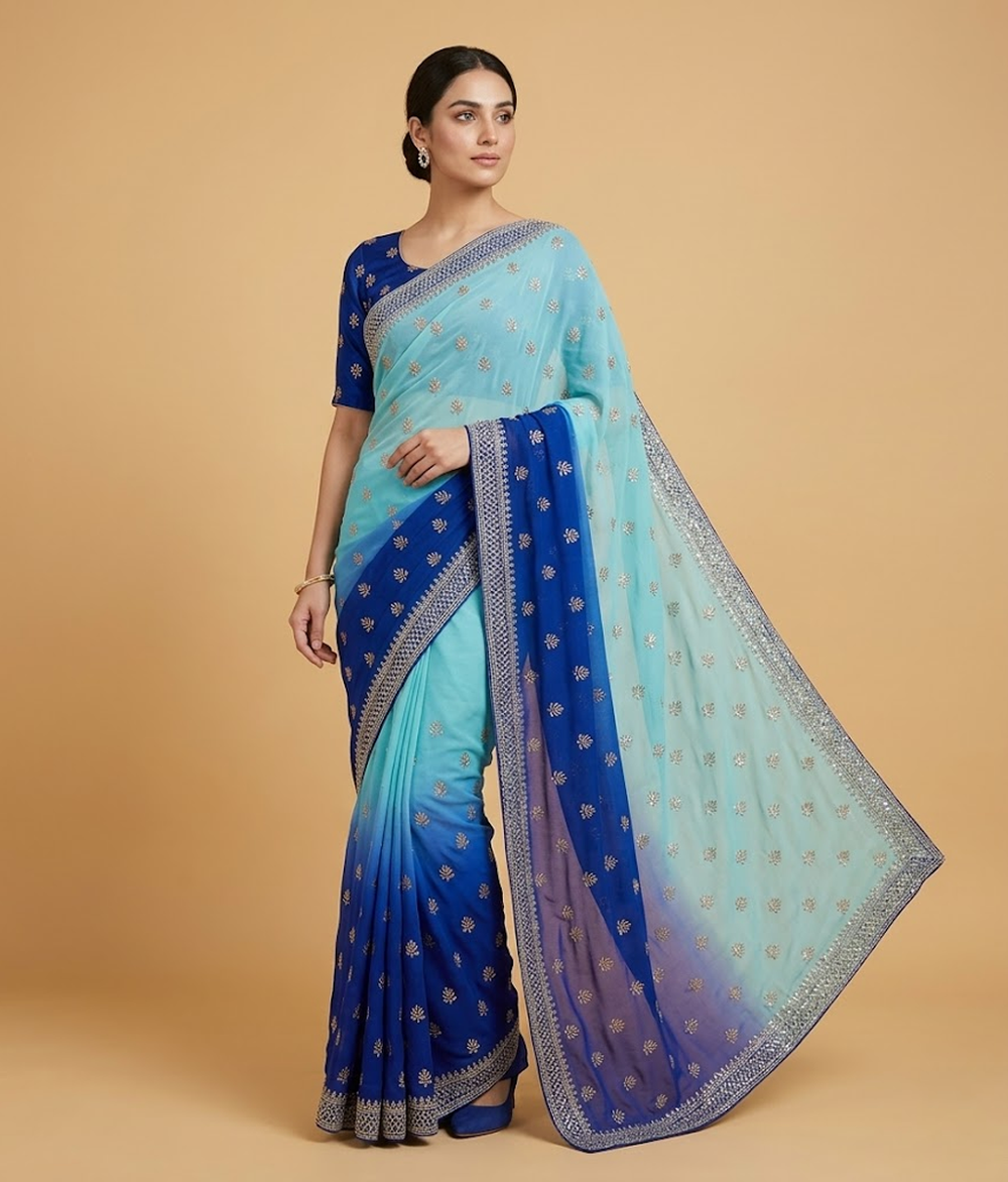 Indigo Ombre Chiffon Saree with Silk Blouse