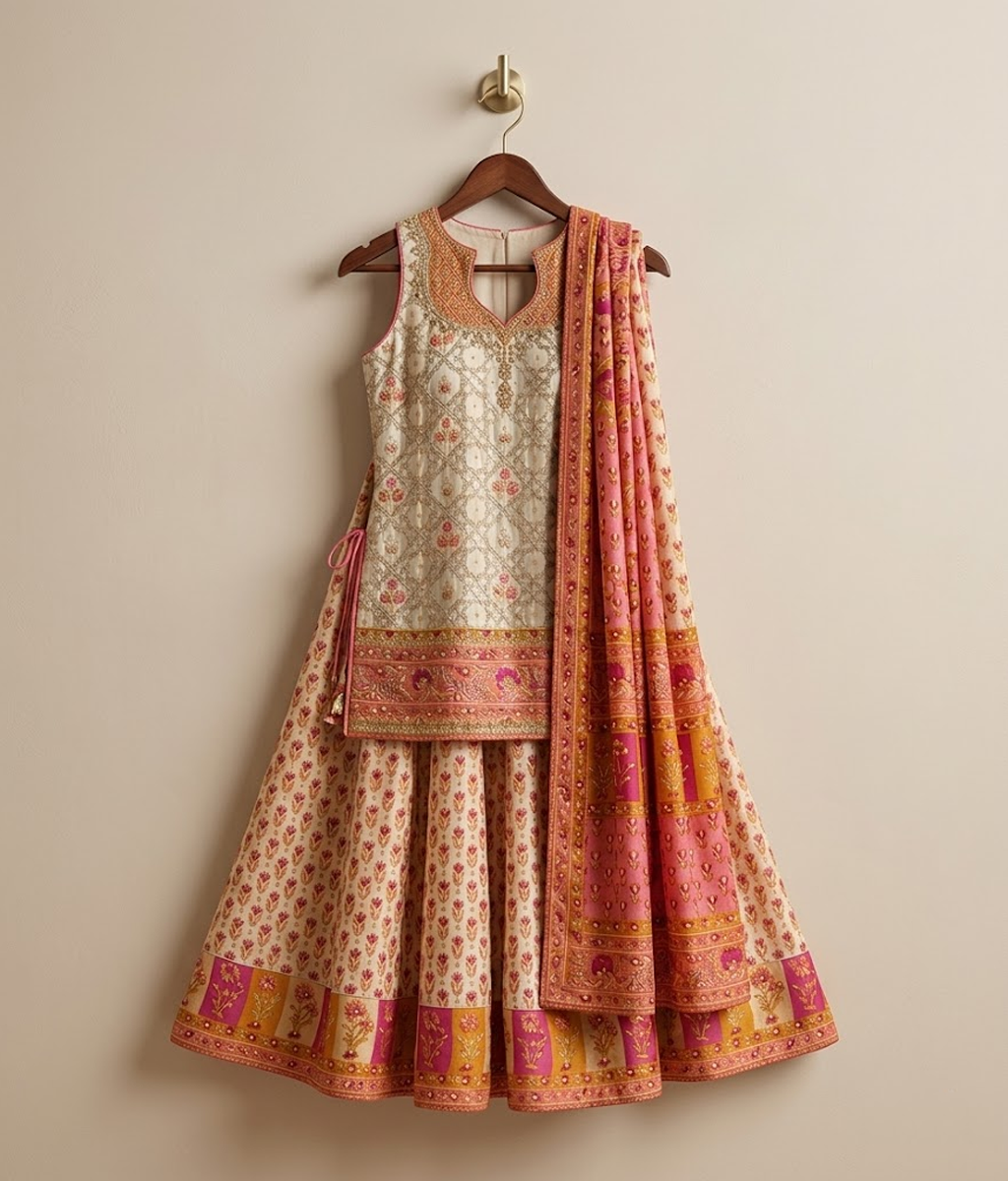 Ivory Cream Bandhani Print & Gotta Worked Lehnga