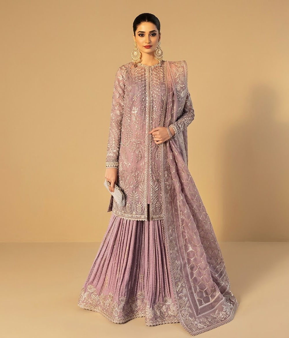 Lavender Net Embroidered Gharara