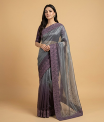 Lavender tissue silk saree with pink blouse