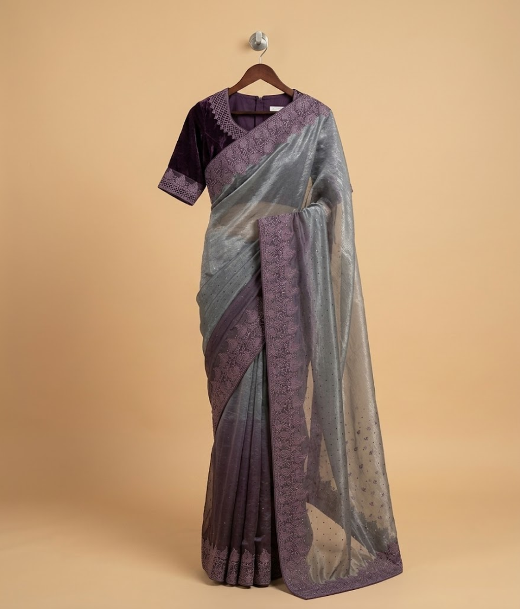 Lavender tissue silk saree with pink blouse