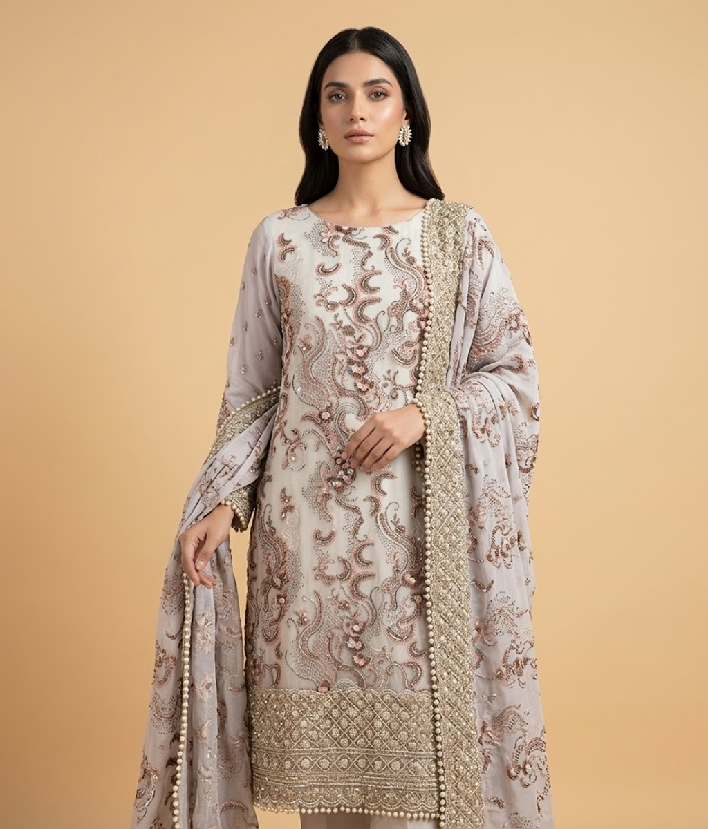 Light Golden Cut Dana Net 2 Piece Shirt and Dupatta