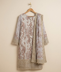 Light Golden Cut Dana Net 2 Piece Shirt and Dupatta