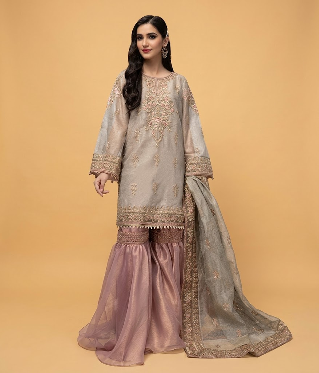 Light Grey and Pink Tilla & Dabka Gharara