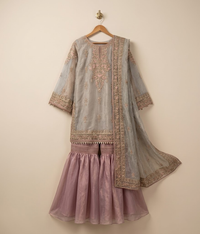 Light Grey and Pink Tilla & Dabka Gharara