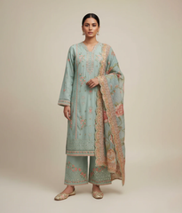 Light blue lawn 3 piece suit with embroidered border and printed dupatta