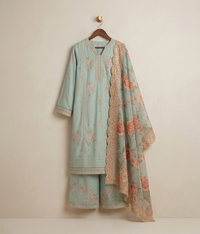 Light blue lawn 3 piece suit with embroidered border and printed dupatta