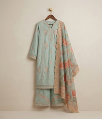Light blue lawn 3 piece suit with embroidered border and printed dupatta