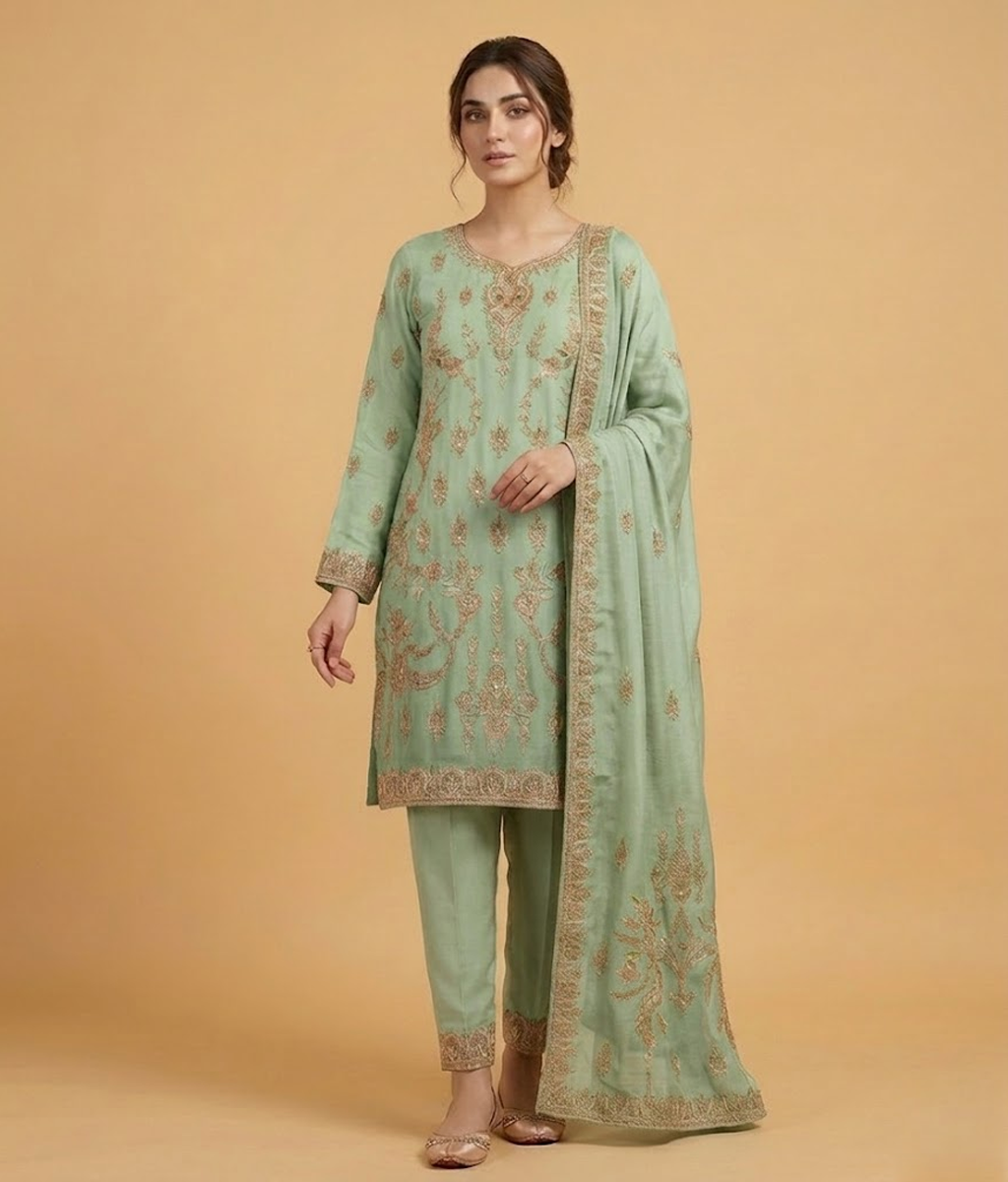 Raw Silk 3 Piece Suit Heavy Dabka Work with Dupatta and Plain Trousers
