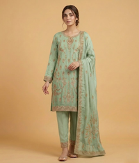 Raw Silk 3 Piece Suit Heavy Dabka Work with Dupatta and Plain Trousers