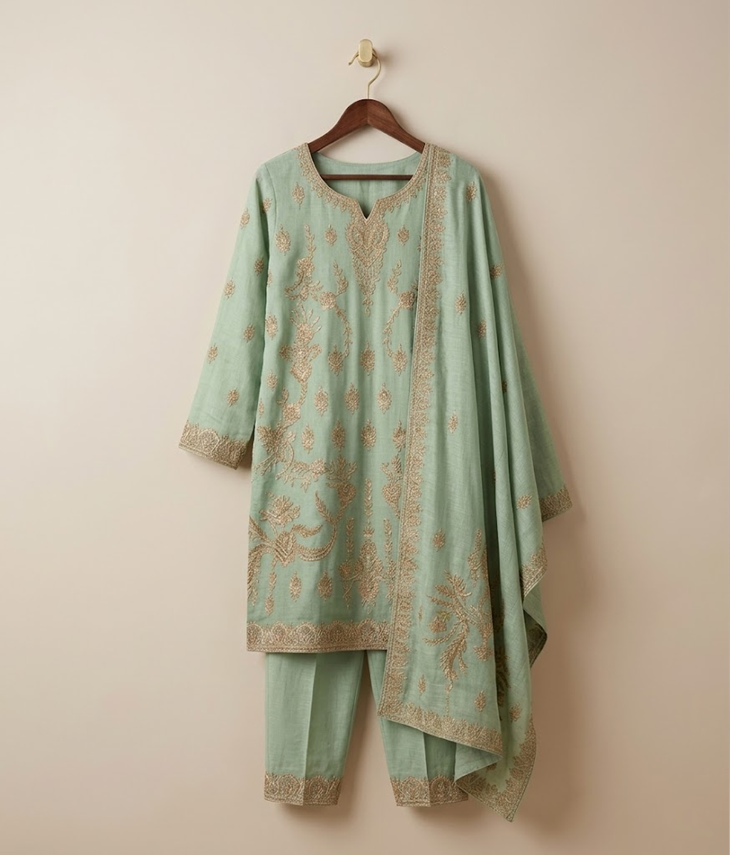 Raw Silk 3 Piece Suit Heavy Dabka Work with Dupatta and Plain Trousers