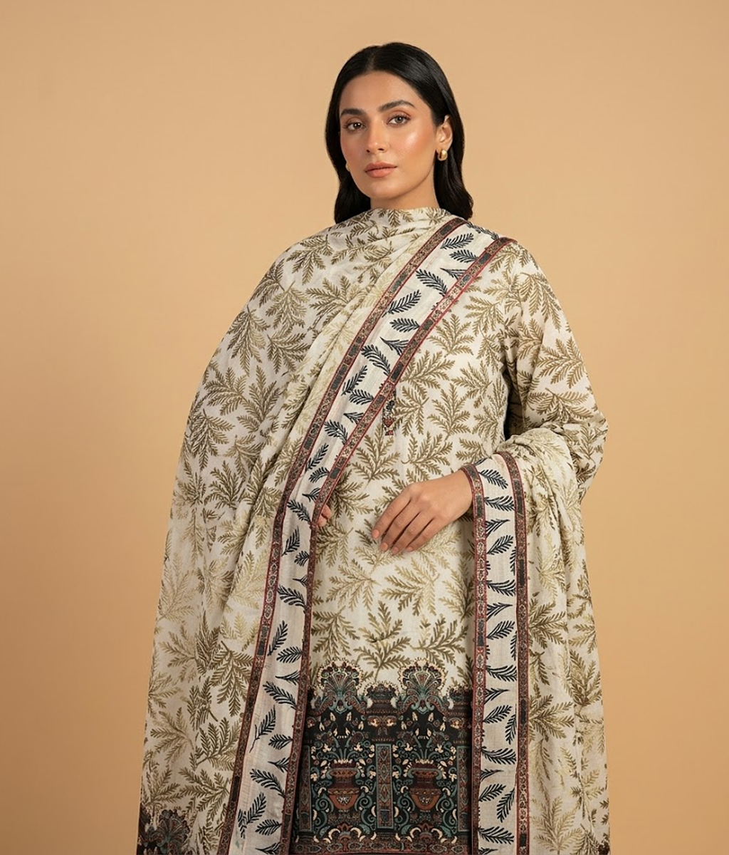 Light grey Leaf Patterned Palachi 2 Piece Shirt and Dupatta