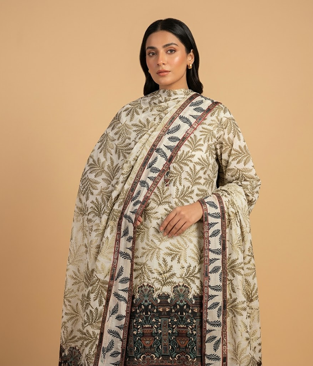 Light grey Leaf Patterned Palachi 2 Piece Shirt and Dupatta