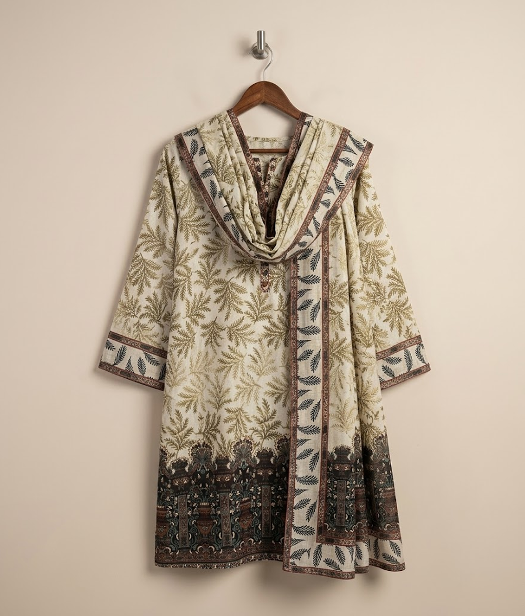 Light grey Leaf Patterned Palachi 2 Piece Shirt and Dupatta
