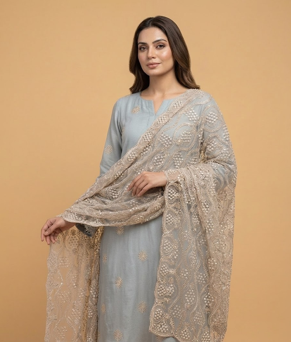 Light peach Cut Dana Net 2 Piece Shirt and Dupatta