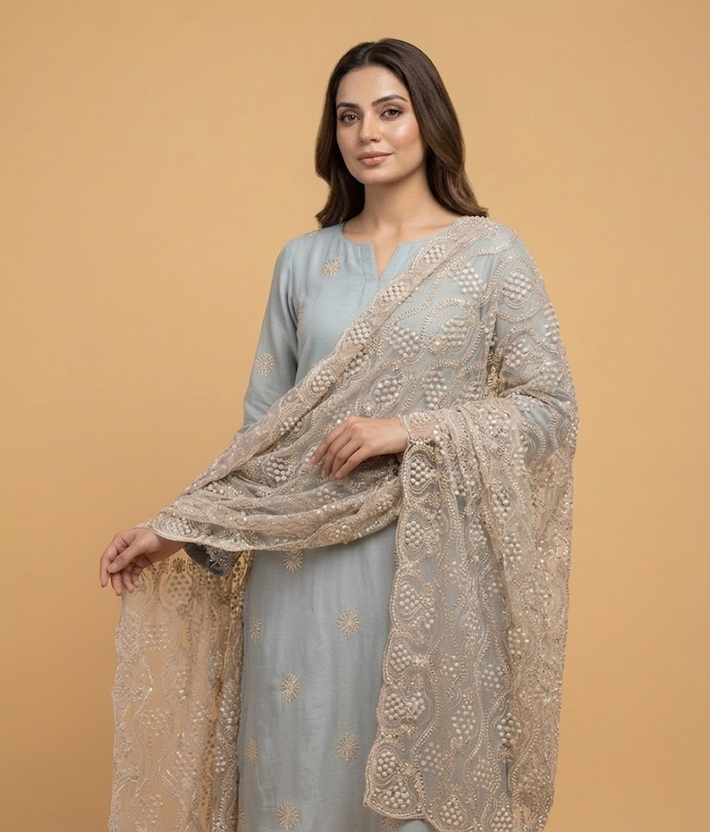 Light peach Cut Dana Net 2 Piece Shirt and Dupatta