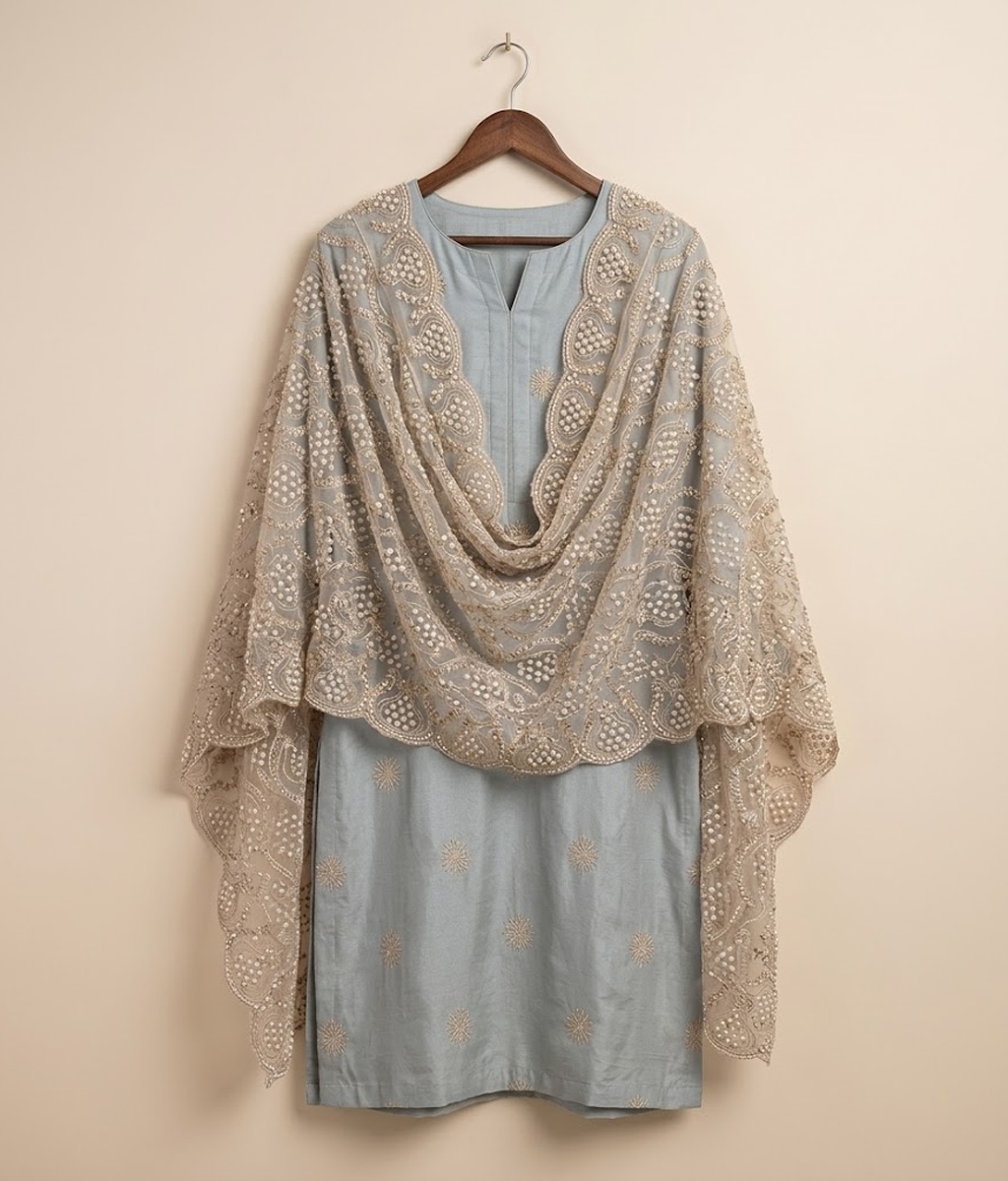 Light peach Cut Dana Net 2 Piece Shirt and Dupatta