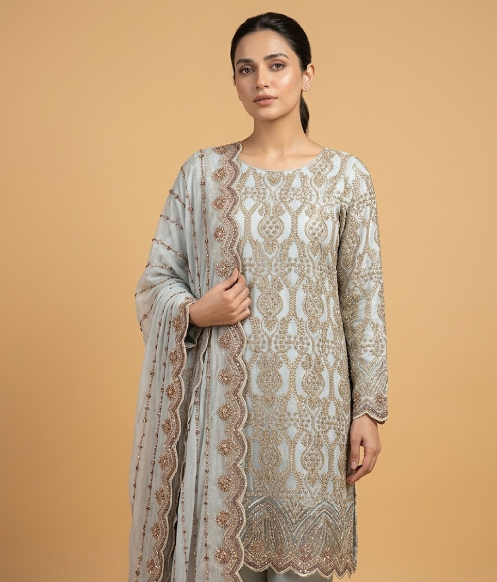 Light pink Cut Dana Net 2 Piece Shirt and Dupatta