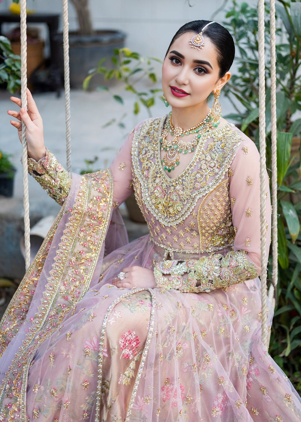 Lilac Mist Resham & Mirror-Work Flared Maxi