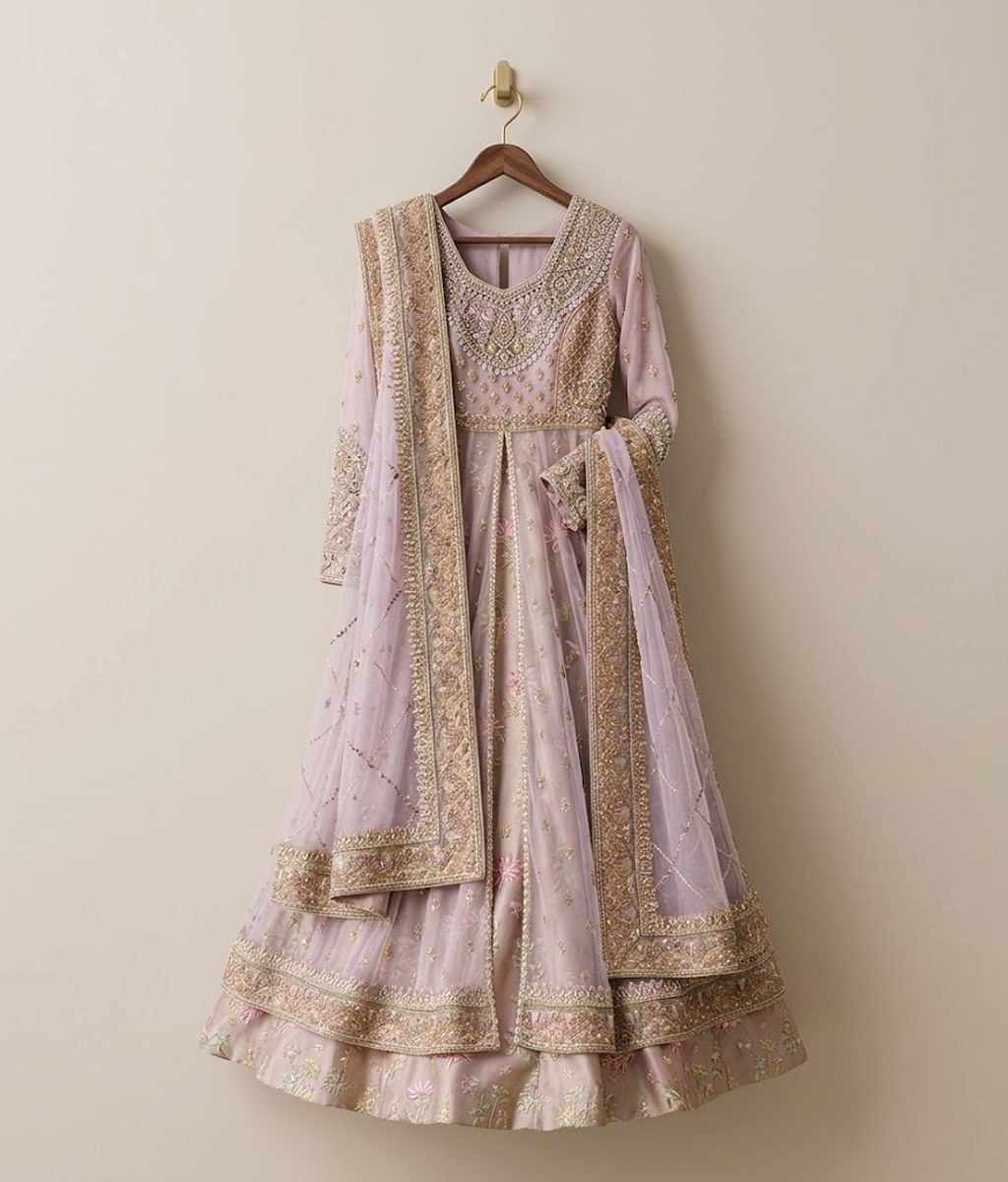 Lilac Mist Resham & Mirror-Work Flared Maxi