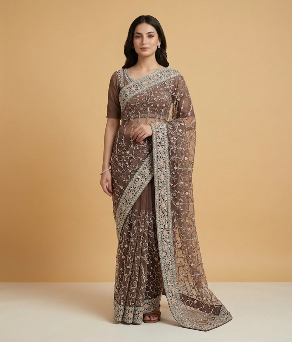 Lilac Net Jaal Work Saree