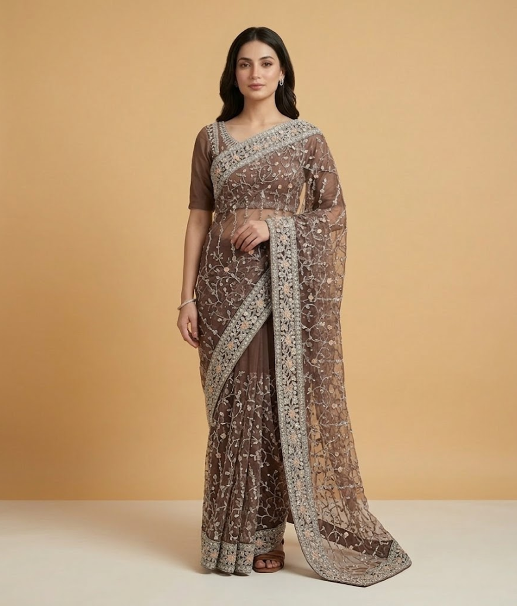 Lilac Net Jaal Work Saree