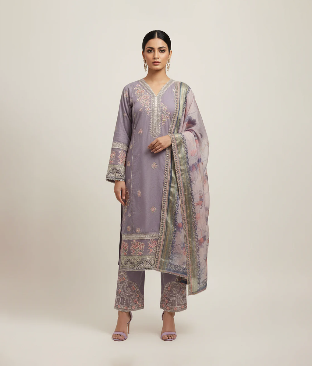 Lilac lawn 3 piece suit with embroidered border and printed dupatta