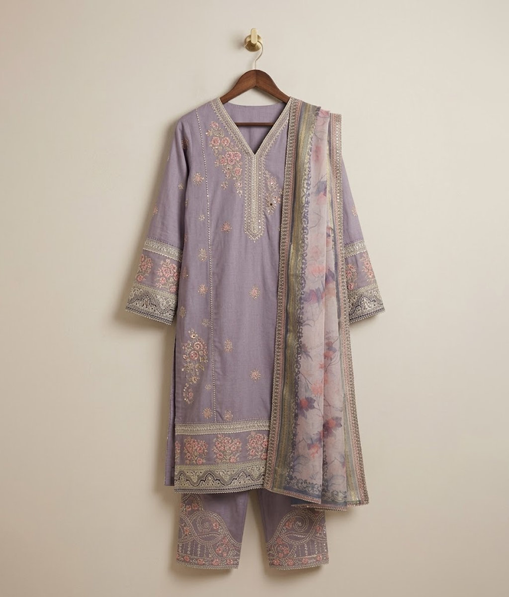 Lilac lawn 3 piece suit with embroidered border and printed dupatta