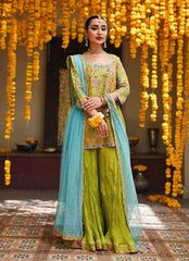 Lime Green and Turquoise Zardozi & Resham Gharara