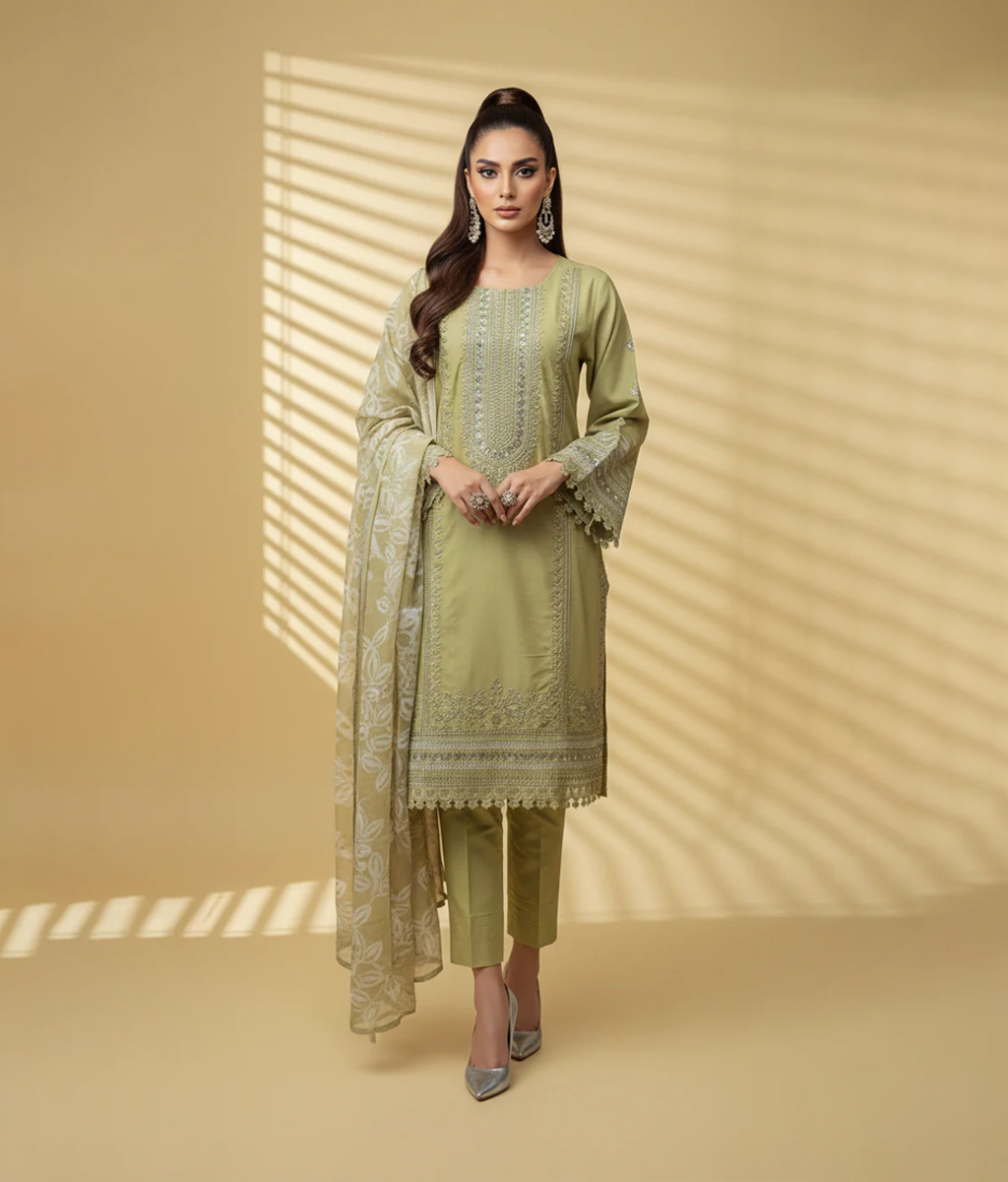 Lime Cotton Embroidered 3 Piece Suit