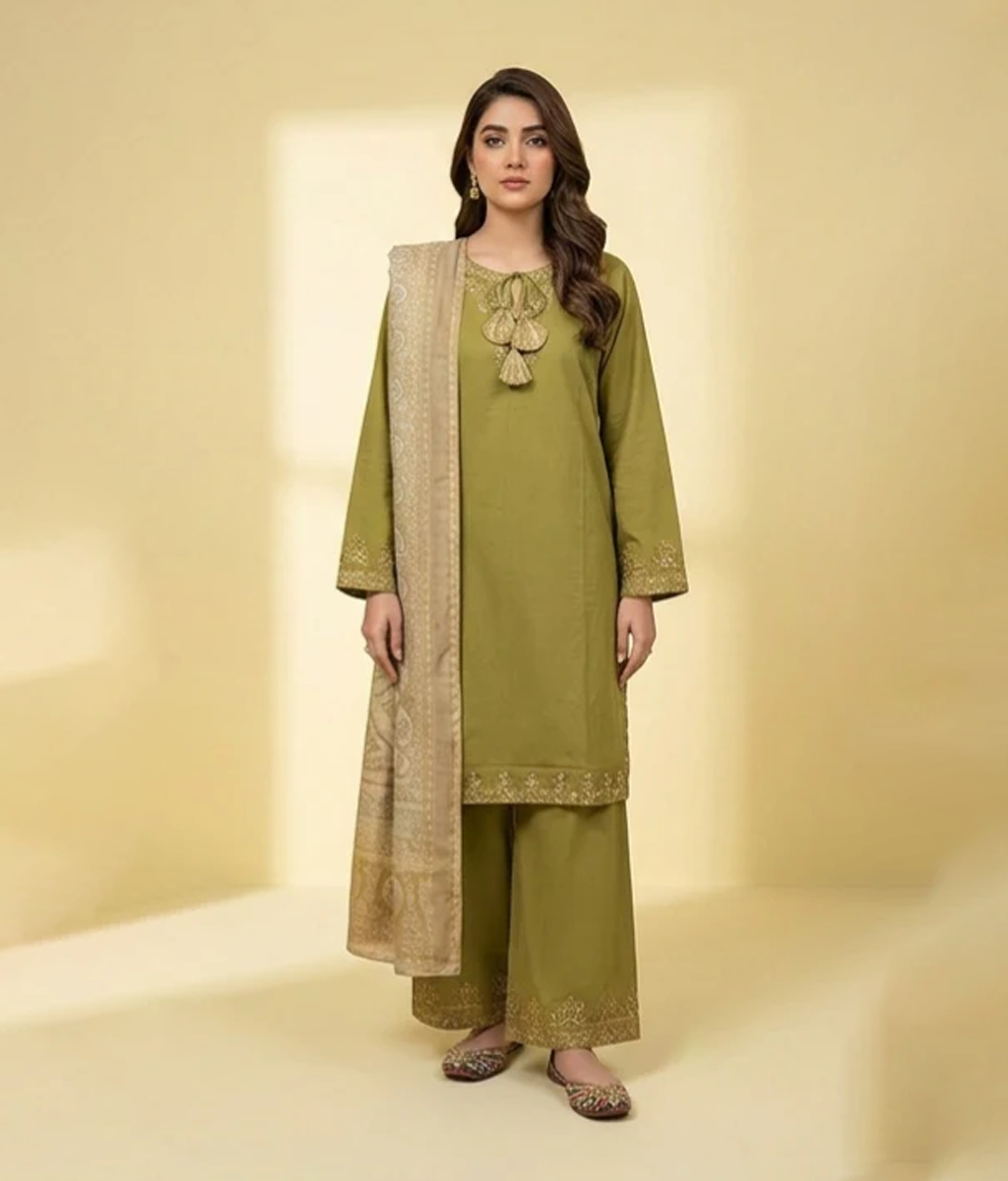 Lime Cotton Minimal Embroidery 3 Piece Suit