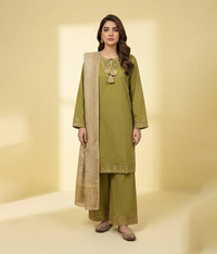 Lime Cotton Minimal Embroidery 3 Piece Suit