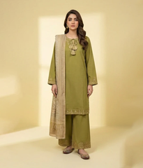 Lime Cotton Minimal Embroidery 3 Piece Suit