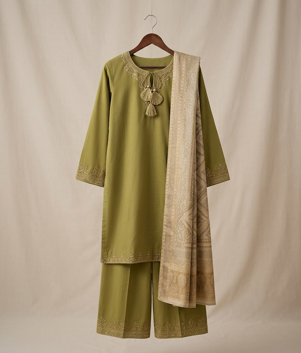 Lime Cotton Minimal Embroidery 3 Piece Suit