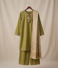Lime Cotton Minimal Embroidery 3 Piece Suit