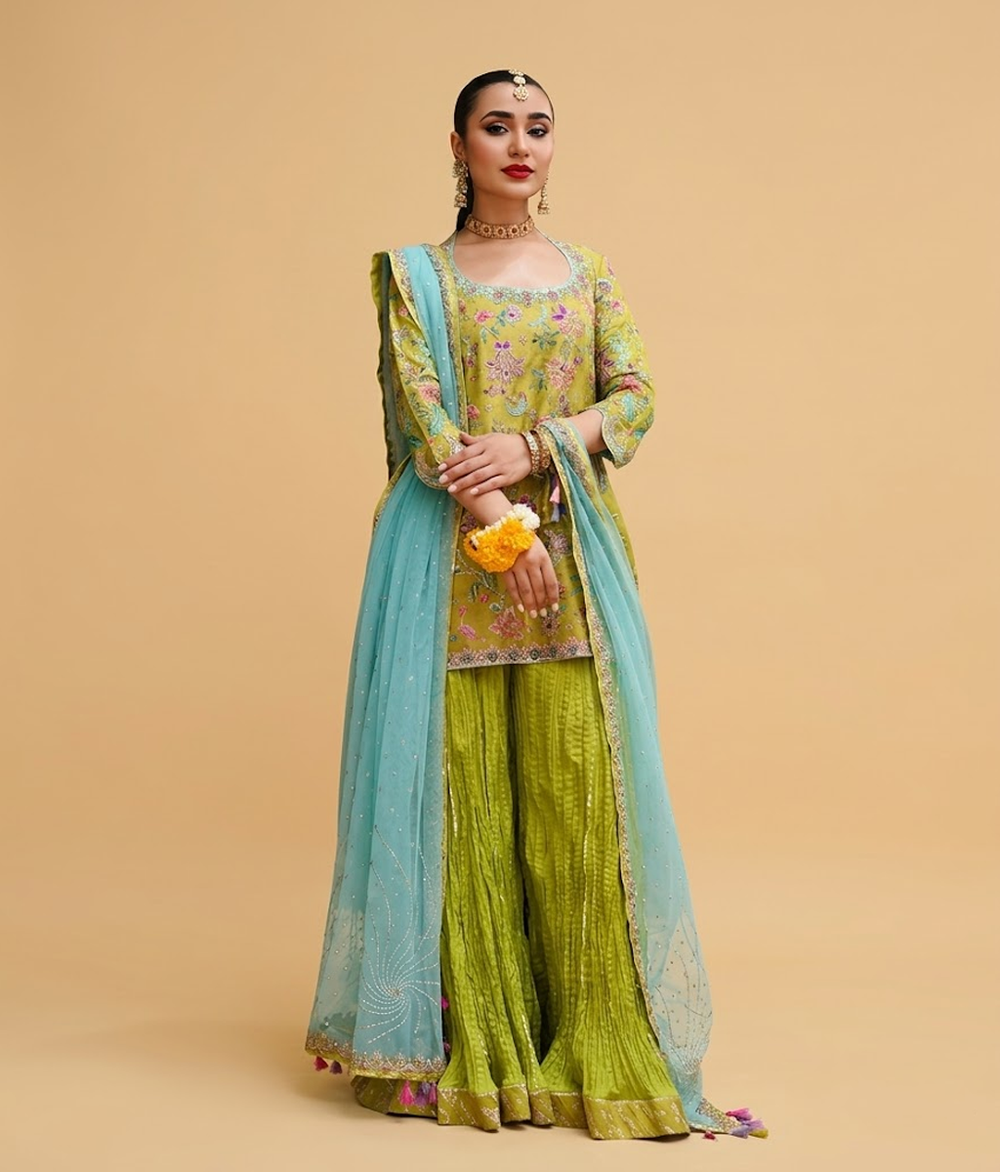 Lime Green and Turquoise Zardozi & Resham Gharara