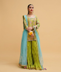 Lime Green and Turquoise Zardozi & Resham Gharara