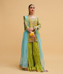 Lime Green and Turquoise Zardozi & Resham Gharara